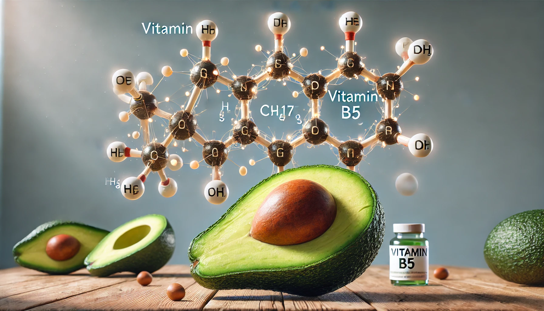 Avocado und Vitamin B5 Molekül Avocado mit der chemischen Struktur von Vitamin B5 auf einem Tisch