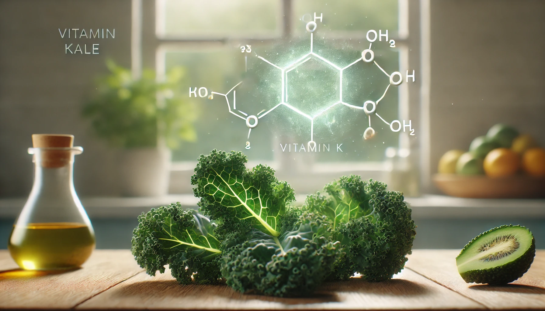 Grünkohl und Vitamin K Molekül Grünkohl mit der chemischen Struktur von Vitamin K auf einem Tisch