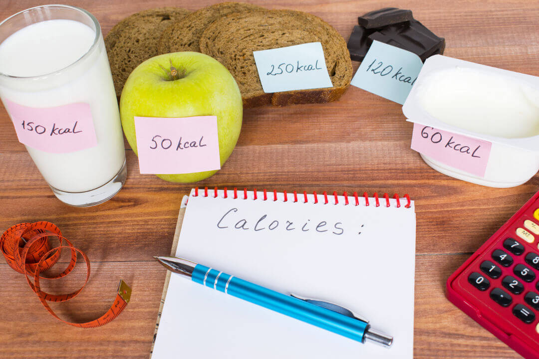 Rechner, Notizblock mit täglichem Kalorienbedarf und Lebensmittel Kalorienangaben