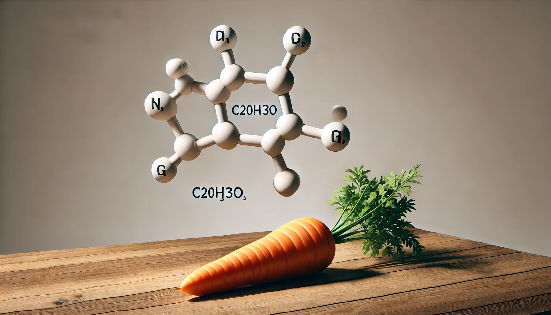 Karotte und Vitamin A Molekül Karotte mit der chemischen Struktur von Vitamin A auf einem Tisch
