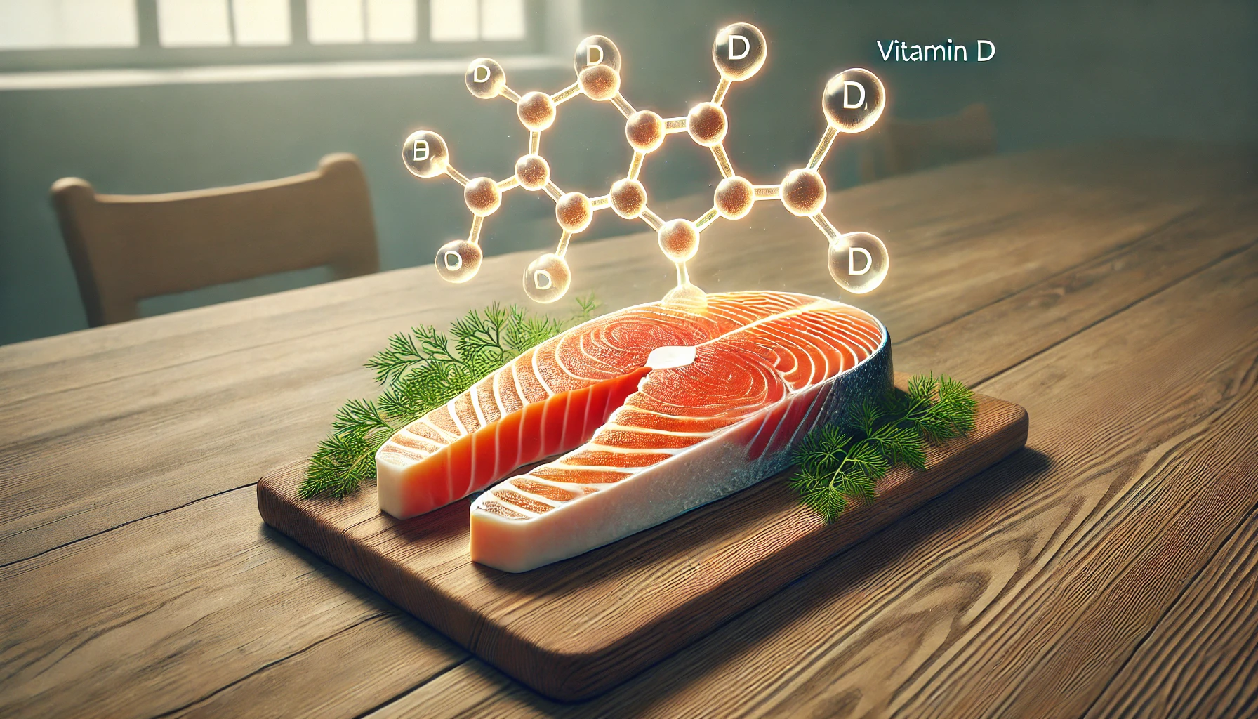 Lachs und Vitamin D Molekül Lachs mit der chemischen Struktur von Vitamin D auf einem Tisch