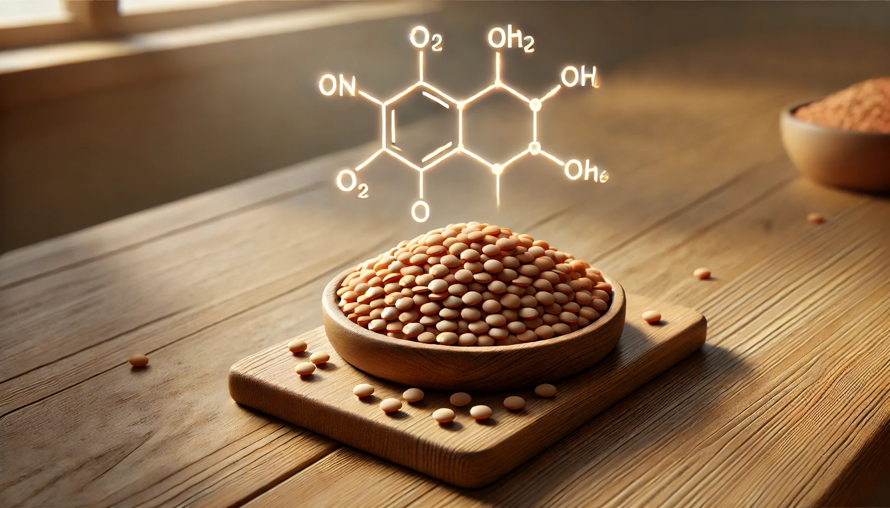 Linsen und Vitamin B9 Molekül Linsen mit der chemischen Struktur von Vitamin B9 auf einem Tisch