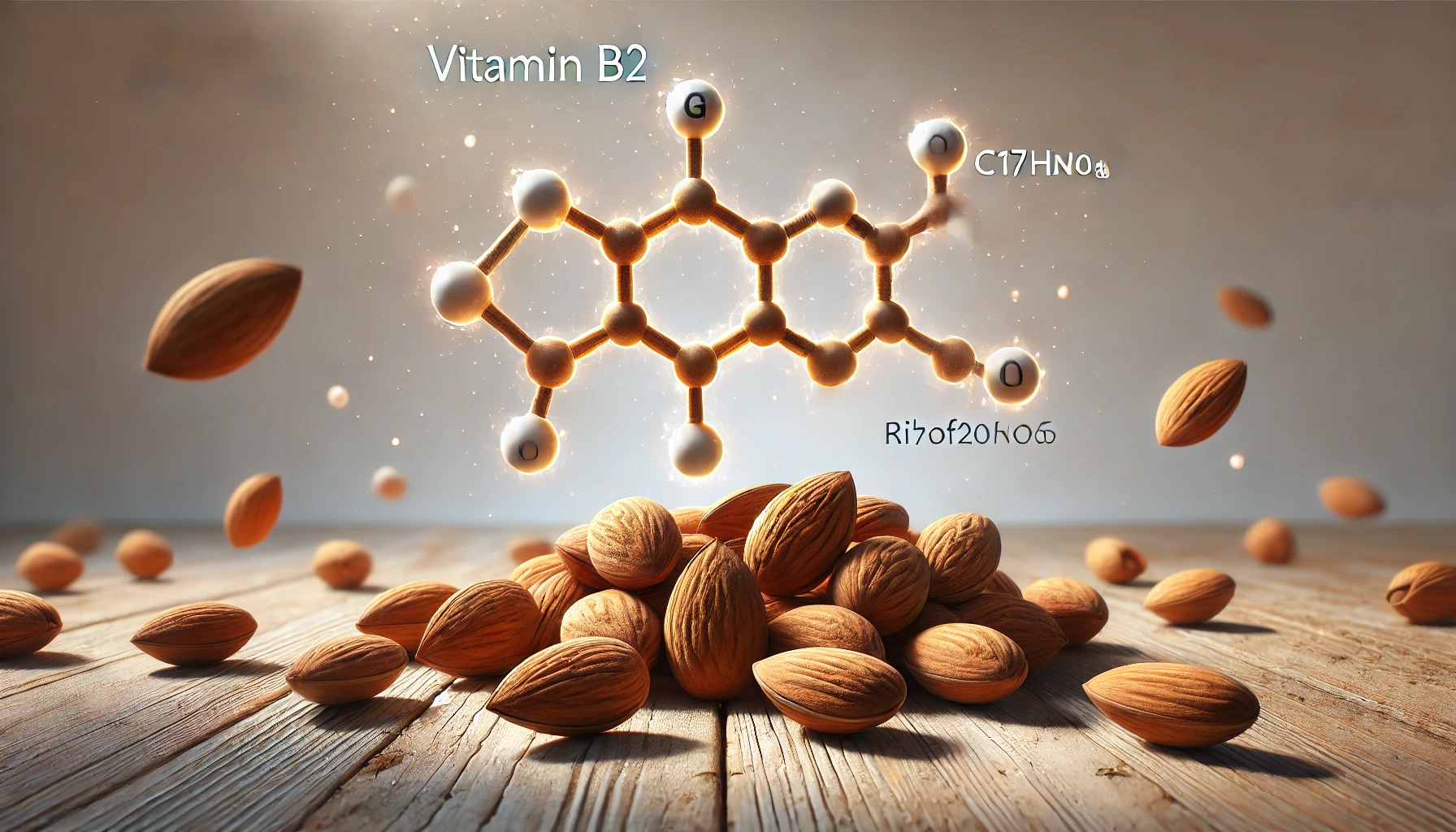 Mandeln und Vitamin B2 Molekül Mandeln mit der chemischen Struktur von Vitamin B2 auf einem Tisch