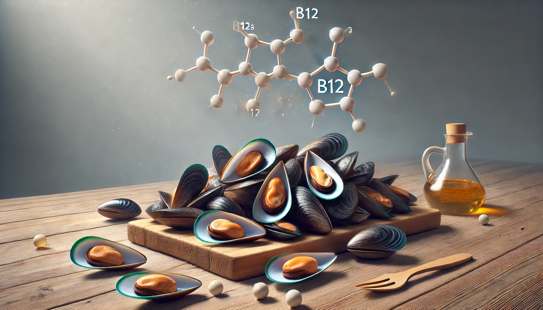Miesmuscheln und Vitamin B12 Molekül Miesmuscheln mit der chemischen Struktur von Vitamin B12 auf einem Tisch