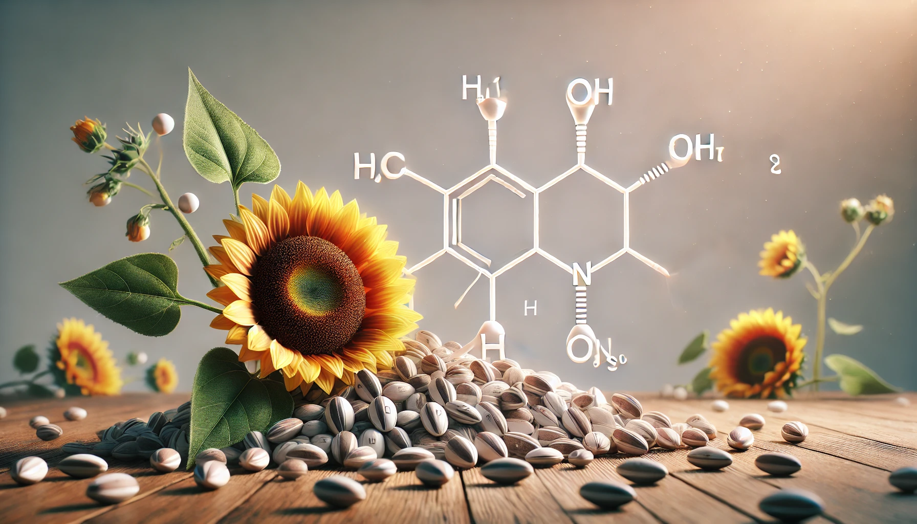 Sonnenblumenkerne mit der chemischen Struktur von Vitamin B1 auf einem Tisch