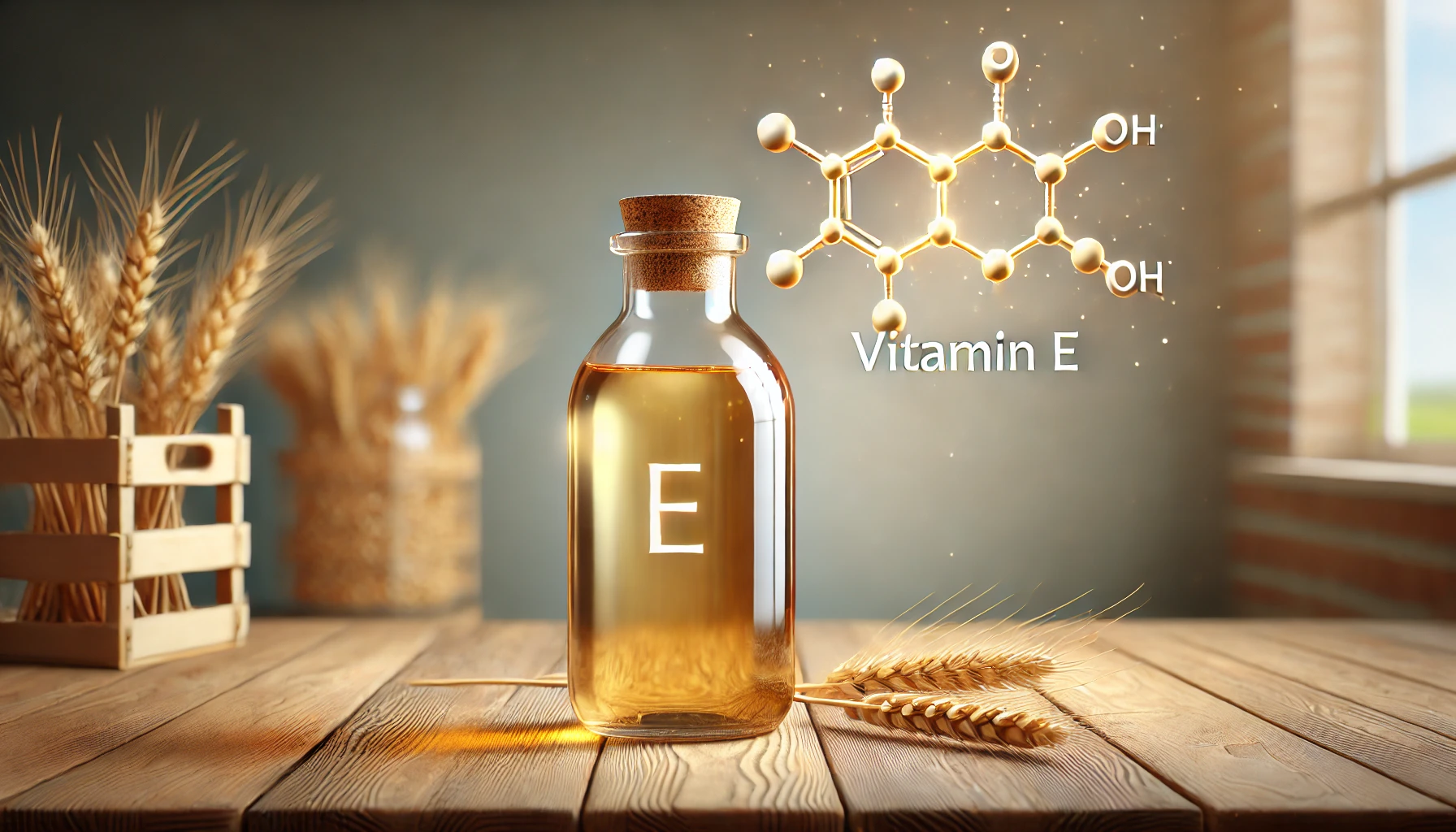 Weizenkeimöl und Vitamin E Molekül Weizenkeimöl mit der chemischen Struktur von Vitamin E auf einem Tisch